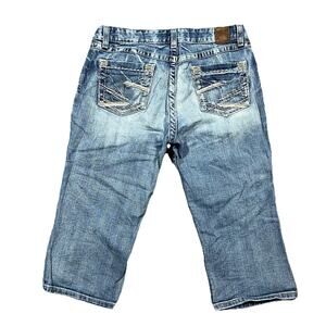 BKE Kate Crop Jeans Women’s 32 Blue Denim Distressed Stitching Pockets